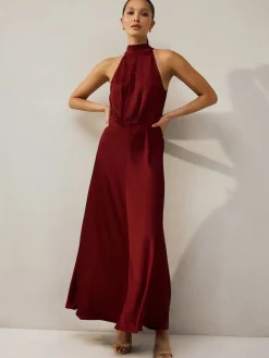 Next Burgundy Red Textured Satin Halter Sleeveless Midi Dress Discount