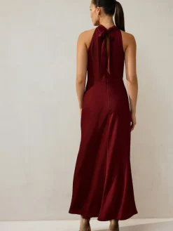 Next Burgundy Red Textured Satin Halter Sleeveless Midi Dress Discount