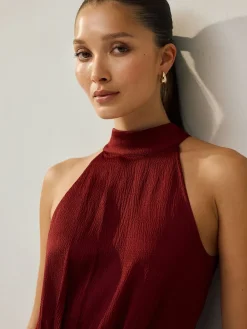 Next Burgundy Red Textured Satin Halter Sleeveless Midi Dress Discount