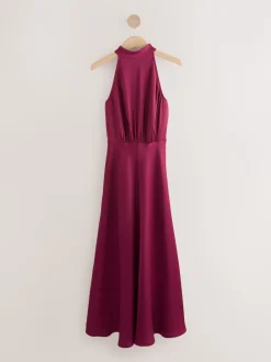 Next Burgundy Red Textured Satin Halter Sleeveless Midi Dress Discount