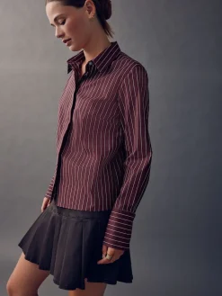 Next Burgundy Stripe Fitted Stretch Essential Long Sleeve Shirt Best