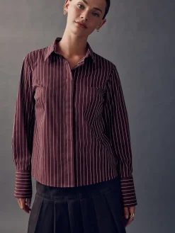 Next Burgundy Stripe Fitted Stretch Essential Long Sleeve Shirt Best