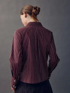 Next Burgundy Stripe Fitted Stretch Essential Long Sleeve Shirt Best