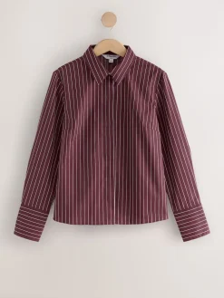 Next Burgundy Stripe Fitted Stretch Essential Long Sleeve Shirt Best