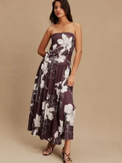 Next Burgundy/Ecru Floral Print Satin Midi Skirt