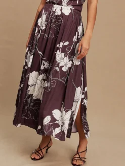Next Burgundy/Ecru Floral Print Satin Midi Skirt