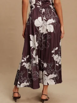 Next Burgundy/Ecru Floral Print Satin Midi Skirt