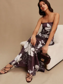 Next Burgundy/Ecru Floral Print Satin Midi Skirt