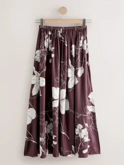 Next Burgundy/Ecru Floral Print Satin Midi Skirt