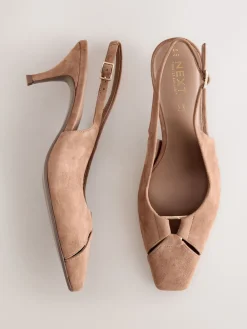 Next Leather Cutout Hardware Detail Slingback Heels Camel Brown