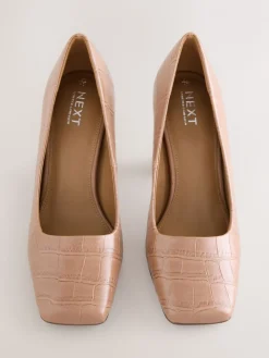 Next Forever Comfort® Square Toe Court Block Heels Camel Croc Effect
