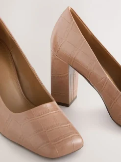 Next Forever Comfort® Square Toe Court Block Heels Camel Croc Effect