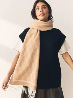 Next Premium Made in Italy Jacquard Monogram 100% Wool Midweight Scarf Camel Sale