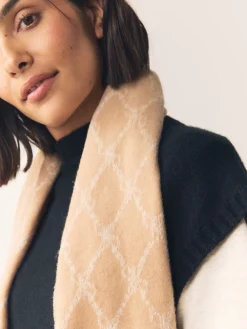 Next Premium Made in Italy Jacquard Monogram 100% Wool Midweight Scarf Camel Sale