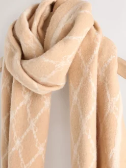 Next Premium Made in Italy Jacquard Monogram 100% Wool Midweight Scarf Camel Sale