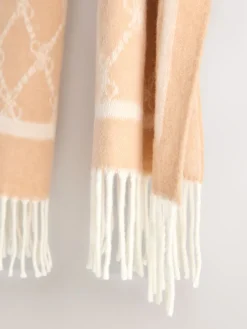 Next Premium Made in Italy Jacquard Monogram 100% Wool Midweight Scarf Camel Sale