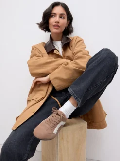 Next Forever Comfort® Leather Slimsole Lace-Up Trainers Camel Suede