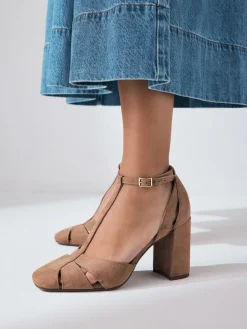 Next Camel Suede Leather Round Toe Cut Out T-Bar Block Heel Shoes Online