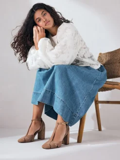 Next Camel Suede Leather Round Toe Cut Out T-Bar Block Heel Shoes Online