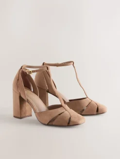 Next Camel Suede Leather Round Toe Cut Out T-Bar Block Heel Shoes Online