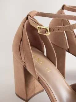 Next Camel Suede Leather Round Toe Cut Out T-Bar Block Heel Shoes Online