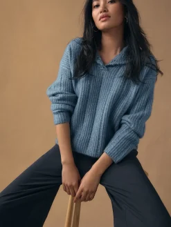 Next Ribbed Knit Jumper With Crochet Sailor Collar Chambray Blue Best