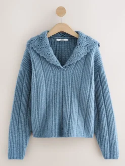 Next Ribbed Knit Jumper With Crochet Sailor Collar Chambray Blue Best