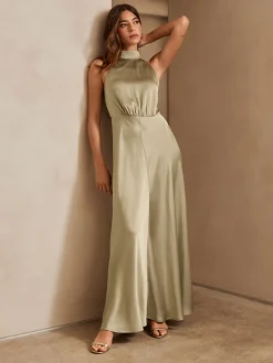 Next Champagne Gold Textured Satin Halter Sleeveless Midi Dress Clearance