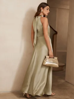 Next Champagne Gold Textured Satin Halter Sleeveless Midi Dress Clearance