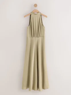Next Champagne Gold Textured Satin Halter Sleeveless Midi Dress Clearance