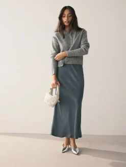 Next Charcoal Grey Satin Midi Skirt Outlet