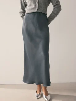Next Charcoal Grey Satin Midi Skirt Outlet