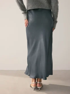 Next Charcoal Grey Satin Midi Skirt Outlet
