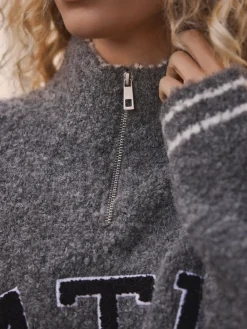 Next Charcoal Grey Sports Graphic Zip Neck Boucle Jumper Outlet