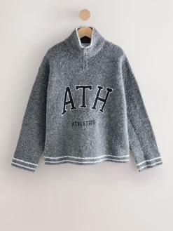 Next Charcoal Grey Sports Graphic Zip Neck Boucle Jumper Outlet