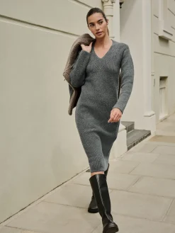 Next Super Soft V-Neck Midi Dress With Wool Charcoal Grey