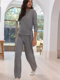 Next Charcoal Grey Supersoft Cosy Rib Wide Leg Knitted Trousers