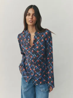 Next Lyocell Blend Collared V-Neck Shirt Checked Fruit Print Outlet