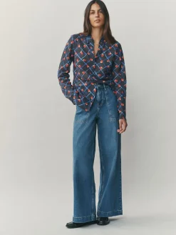 Next Lyocell Blend Collared V-Neck Shirt Checked Fruit Print Outlet