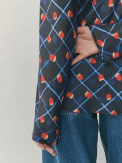 Next Lyocell Blend Collared V-Neck Shirt Checked Fruit Print Outlet