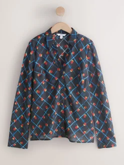 Next Lyocell Blend Collared V-Neck Shirt Checked Fruit Print Outlet