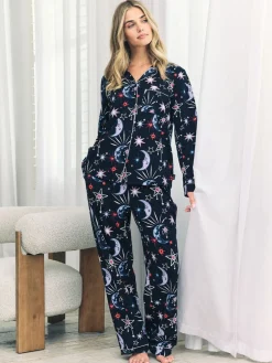 Chelsea Peers Blue Cotton Mystic Moon Print Long Pyjamas Set