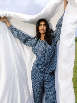 Chelsea Peers Blue Cotton Gingham Check Long Pyjamas & Scrunchie Set Sale