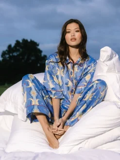 Chelsea Peers Blue Satin Tiled Moon Print Long Pyjamas Set Sale