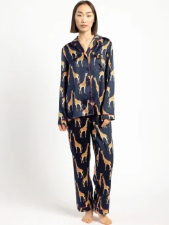 Chelsea Peers Blue Satin Giraffe Print Long Pyjama Set