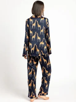 Chelsea Peers Blue Satin Giraffe Print Long Pyjama Set