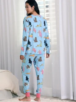Chelsea Peers Blue Sleepy Cats Print Long Pyjama Set Hot
