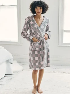 Chelsea Peers Cream Fleece Check Hooded Dressing Gown Online