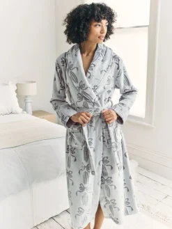 Chelsea Peers Cream Fleece Burnout Ribbon Bow Long Dressing Gown Sale