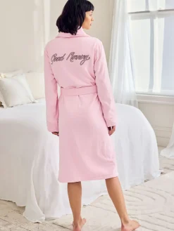 Chelsea Peers Pink Cotton Towelling Embroidered Good Morning Dressing Gown New